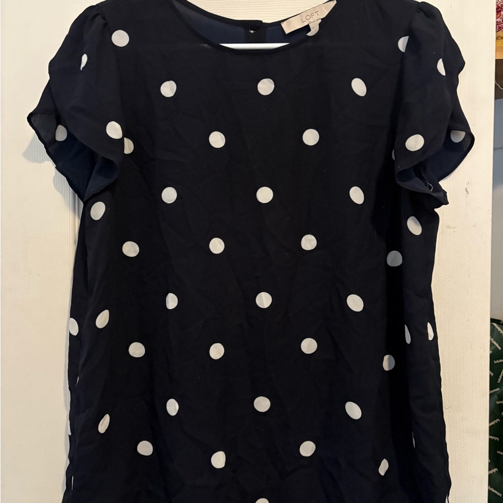 LOFT Navy and White Polka Dot Blouse